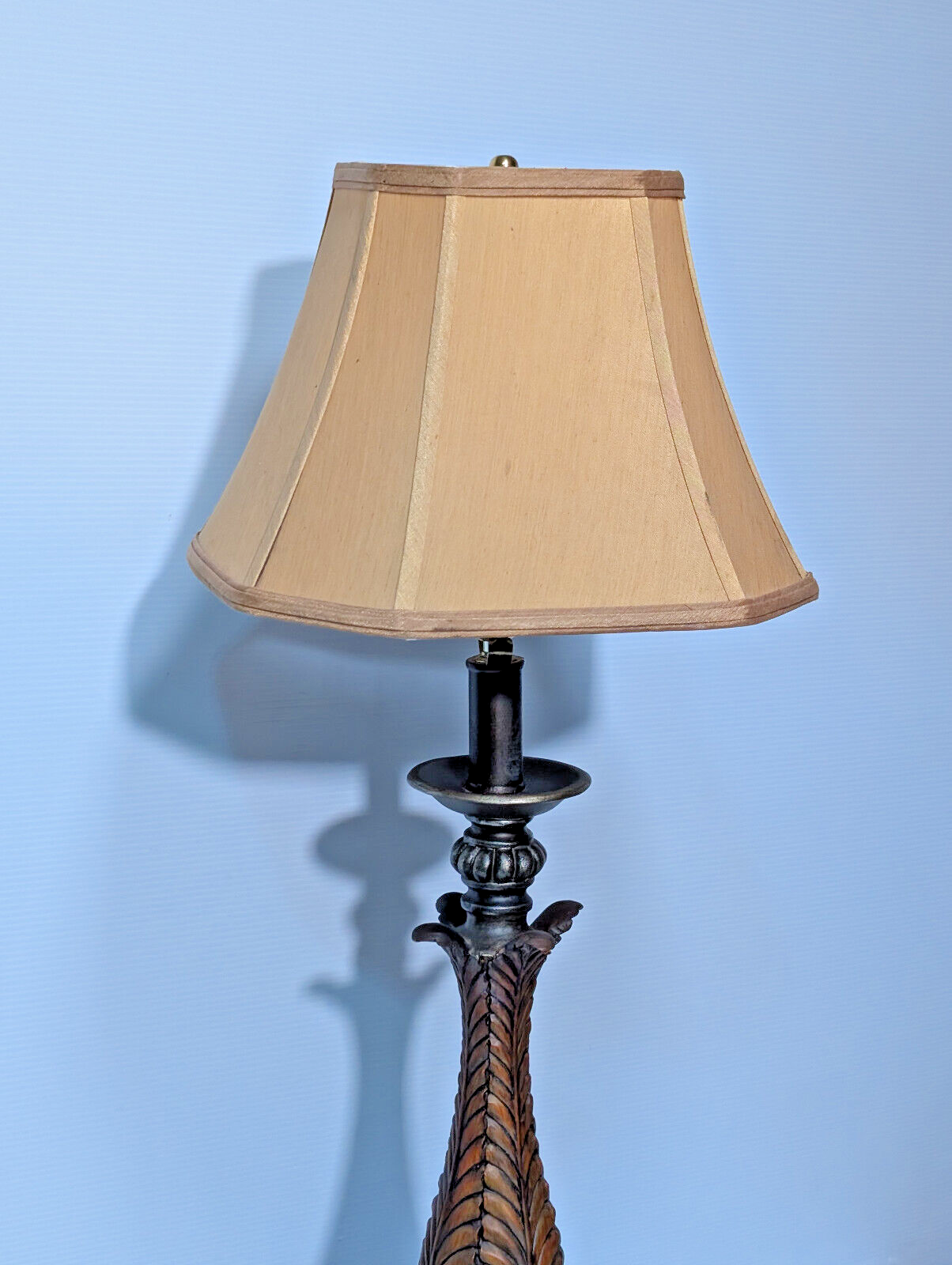 Vintage 1970s Wood, Leaf, Gold, 36" Table Lamp, Teak, Earthy, Eclectic, Nouveau
