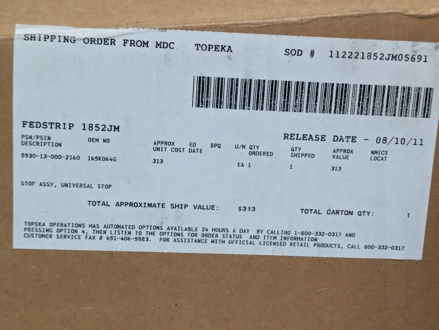 5930-13-000-2160 165K064G Universal Stop Assembly - Free Shipping