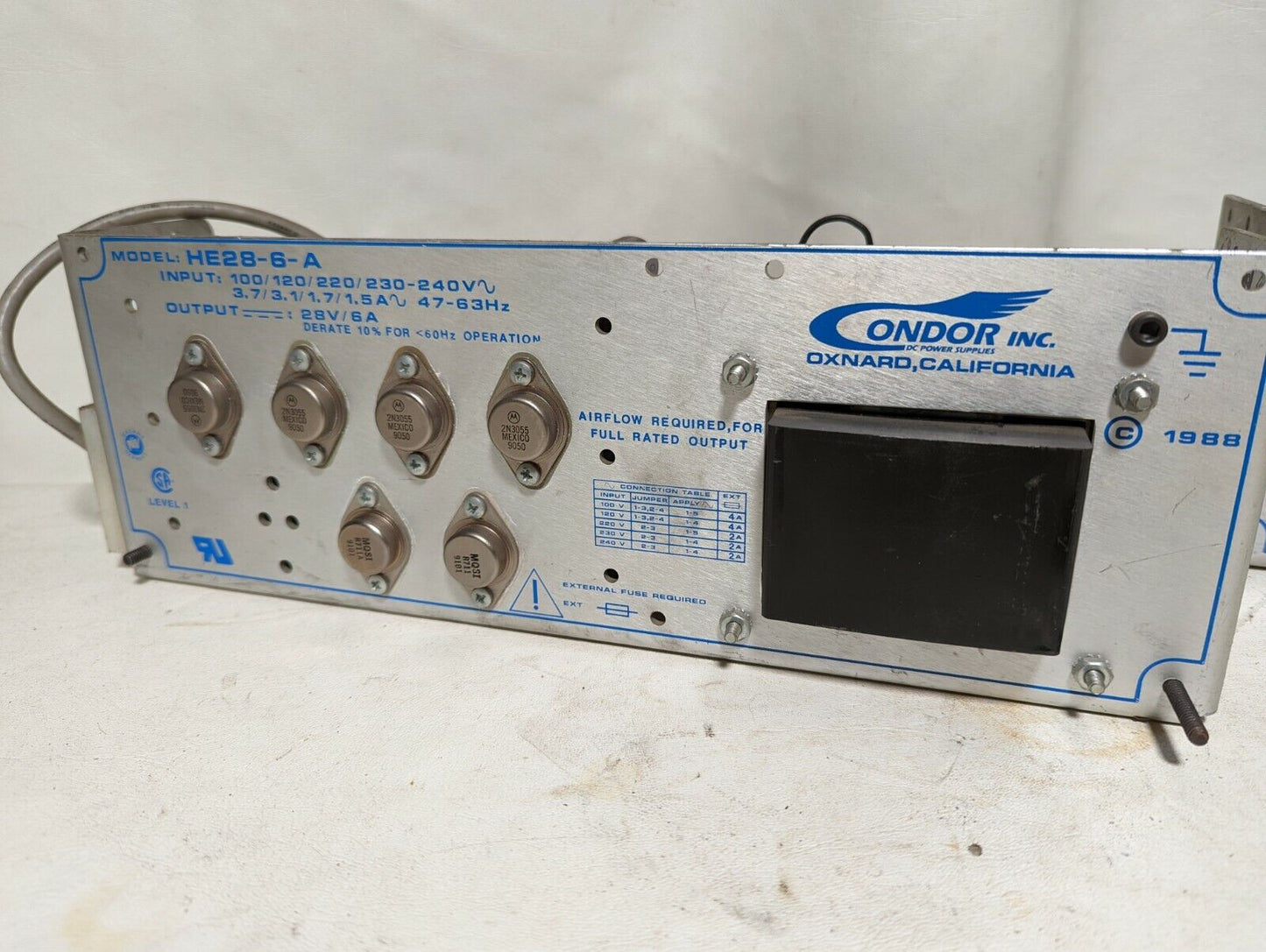 Condor HE28-6-A power supply, input 100/120/220/230-240VAC, output 28VDC/6A