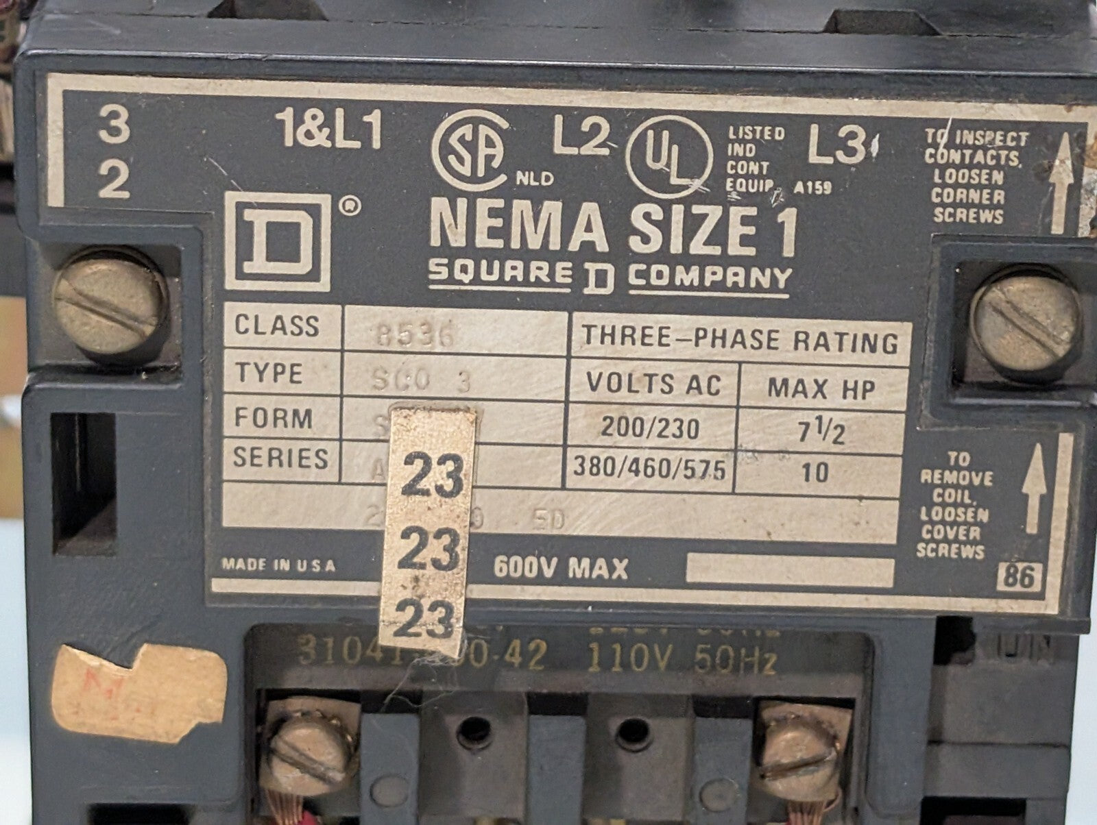 Square D 8536 SCT0-3 Motor Starter, NEMA Size 1, Series A, Form S, 110\120V Coil