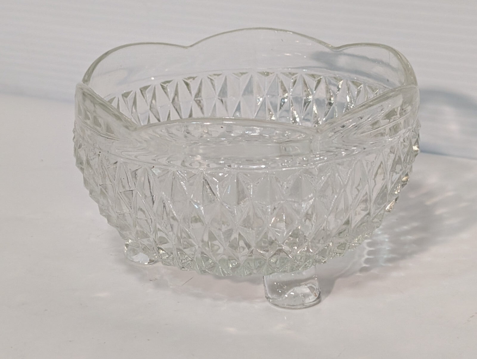 Vintage Indiana Glass Clear Diamond Point 3 Toed Candy Dish 5” x 3”