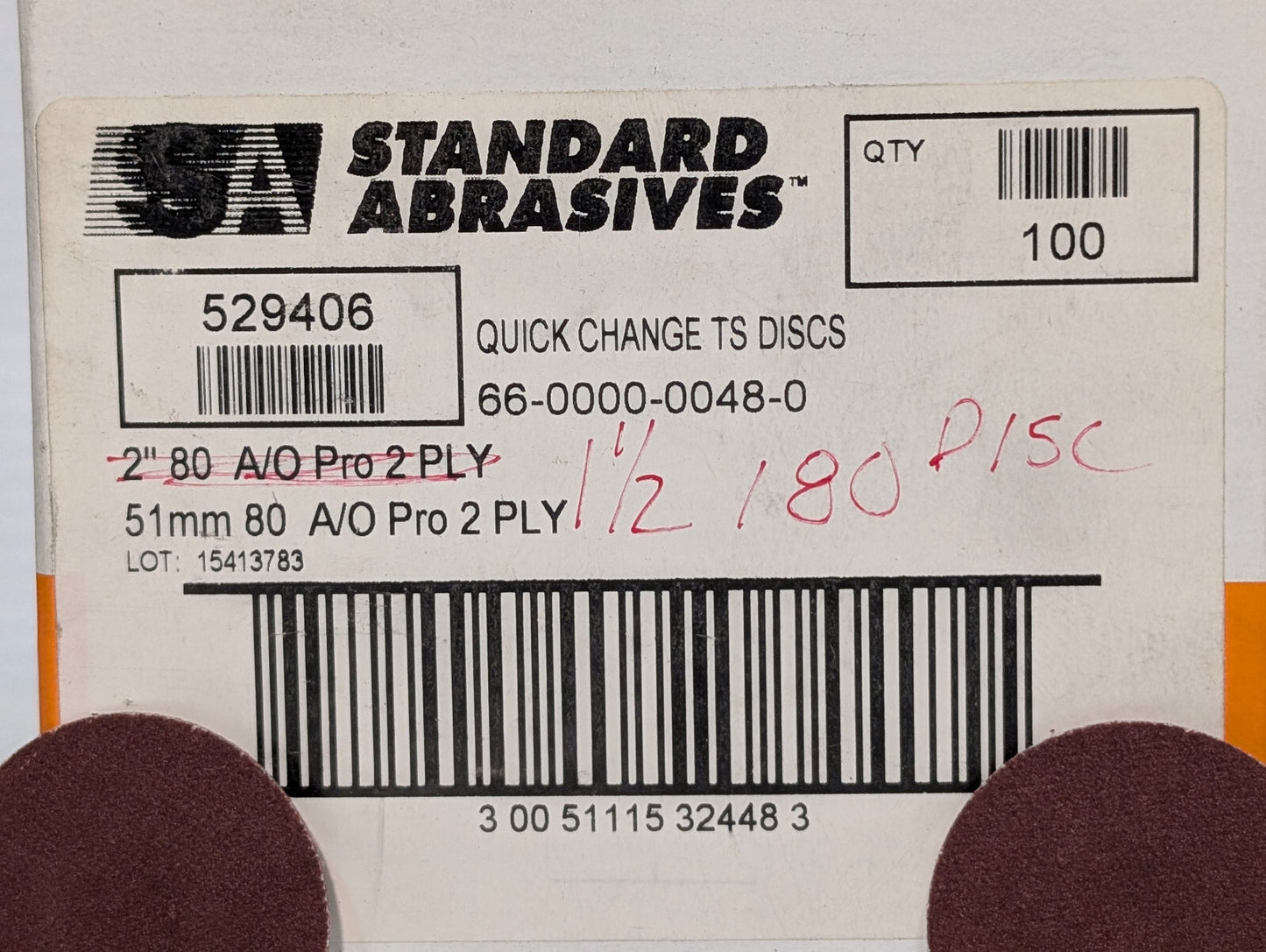 Standard Abrasives 1-1/2", 1.5", Quick Change Discs, 180 Grit, 100 Count Box