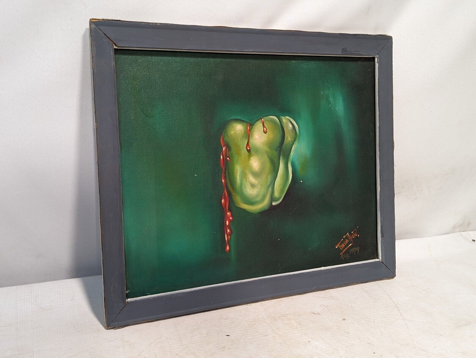 Freda Hunt bleeding pepper painting, August 1974, with abstract sky painting on