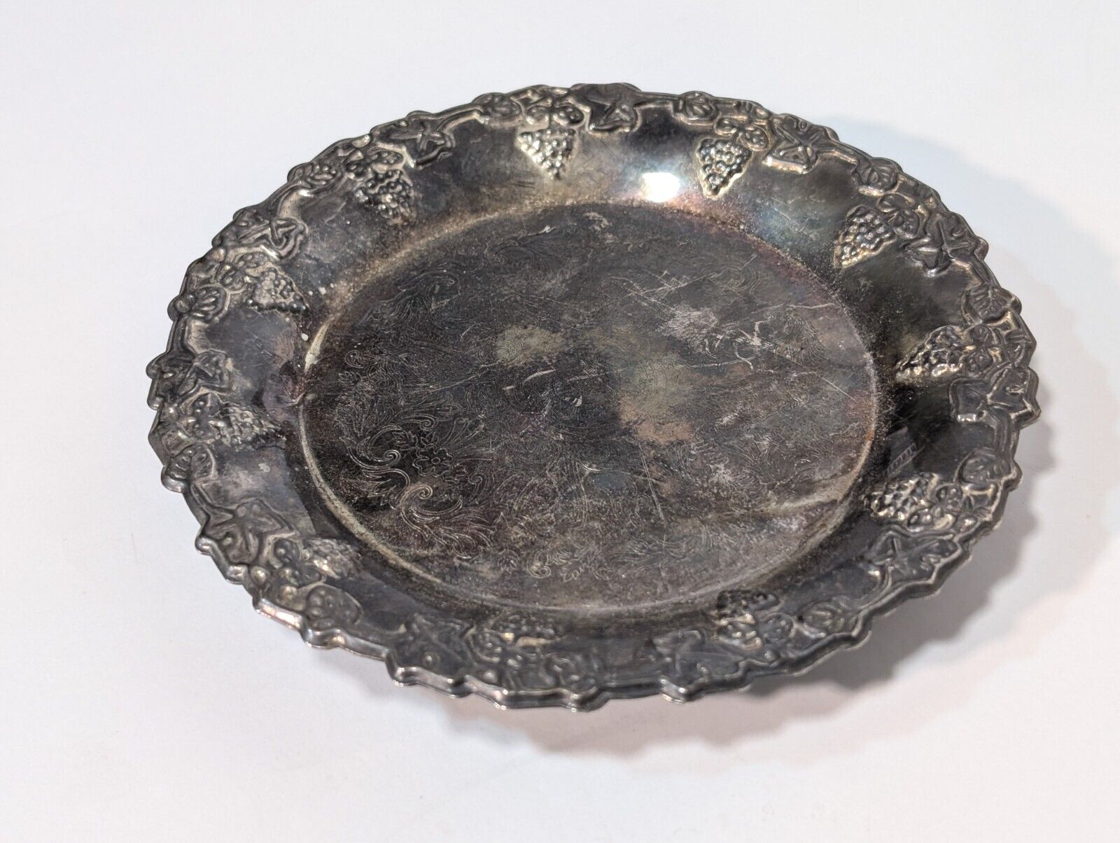 Vintage Bugle Candlestick 9" and Silver Plated Tray with Grapes, Sheffield 6"