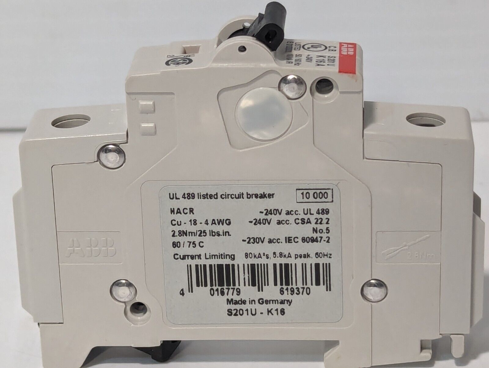 ABB S201UK16A Circuit Breaker, 16A, 1 Pole Unit 240VAC - Free Shipping
