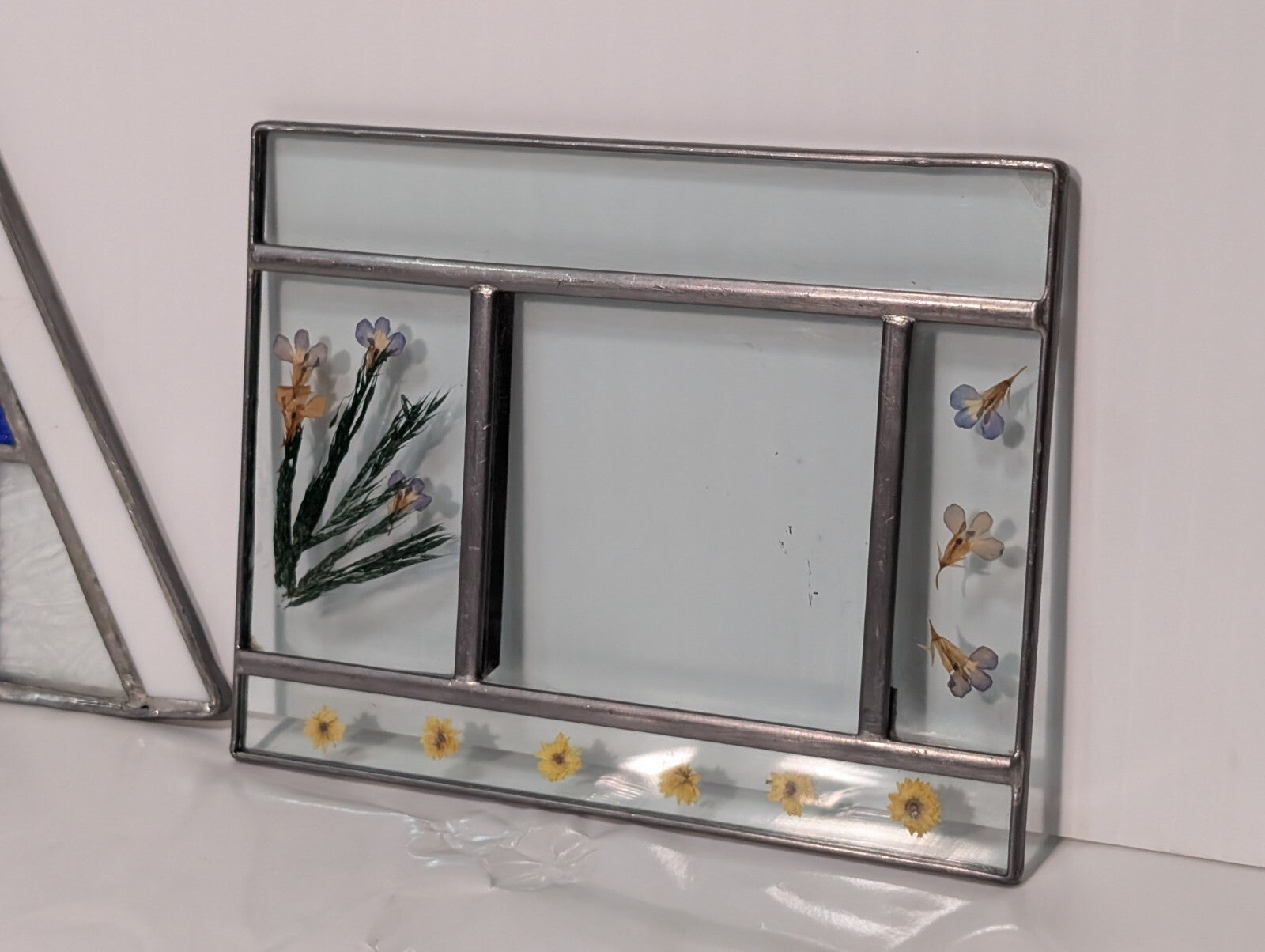 Unique Leaded Glass Panel with Flowers, Rectangular 7" Wide x 5.5" Tall