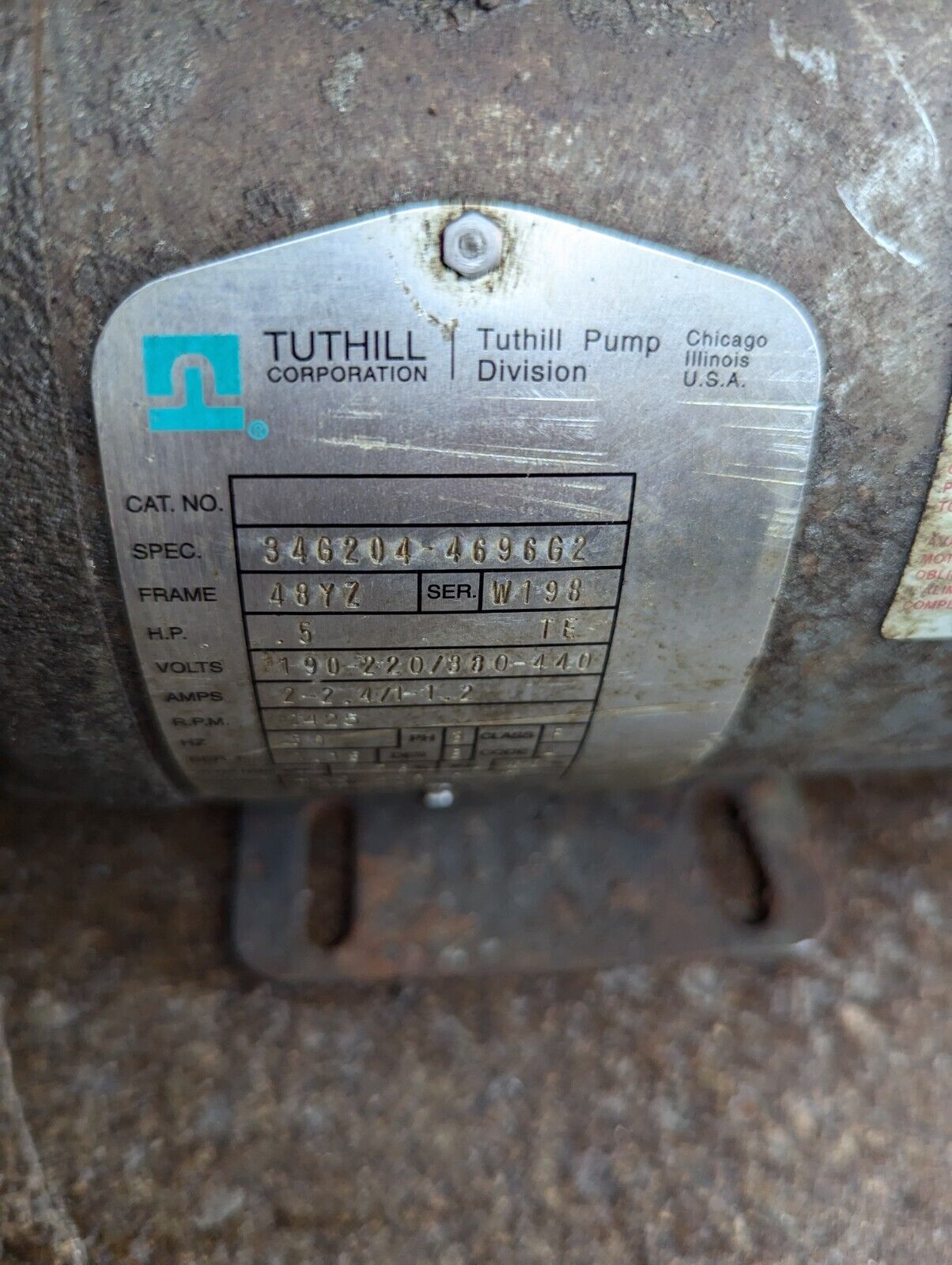 Tuthill 34G204-4696G2 motor, 0.5 HP, 208-230/460VAC, 1725RPM, 3P - Free Shipping