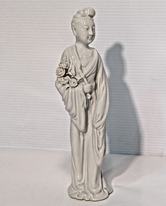 Vintage Antique Blanc De Chine White Porcelain Collectable Figurine Woman Roses