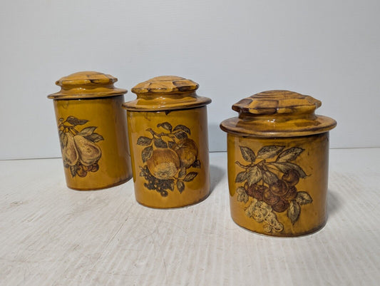 Vintage 60s Canister Set of 3, Vineyard Fall Design, Kitchen Deco -Free Shipping