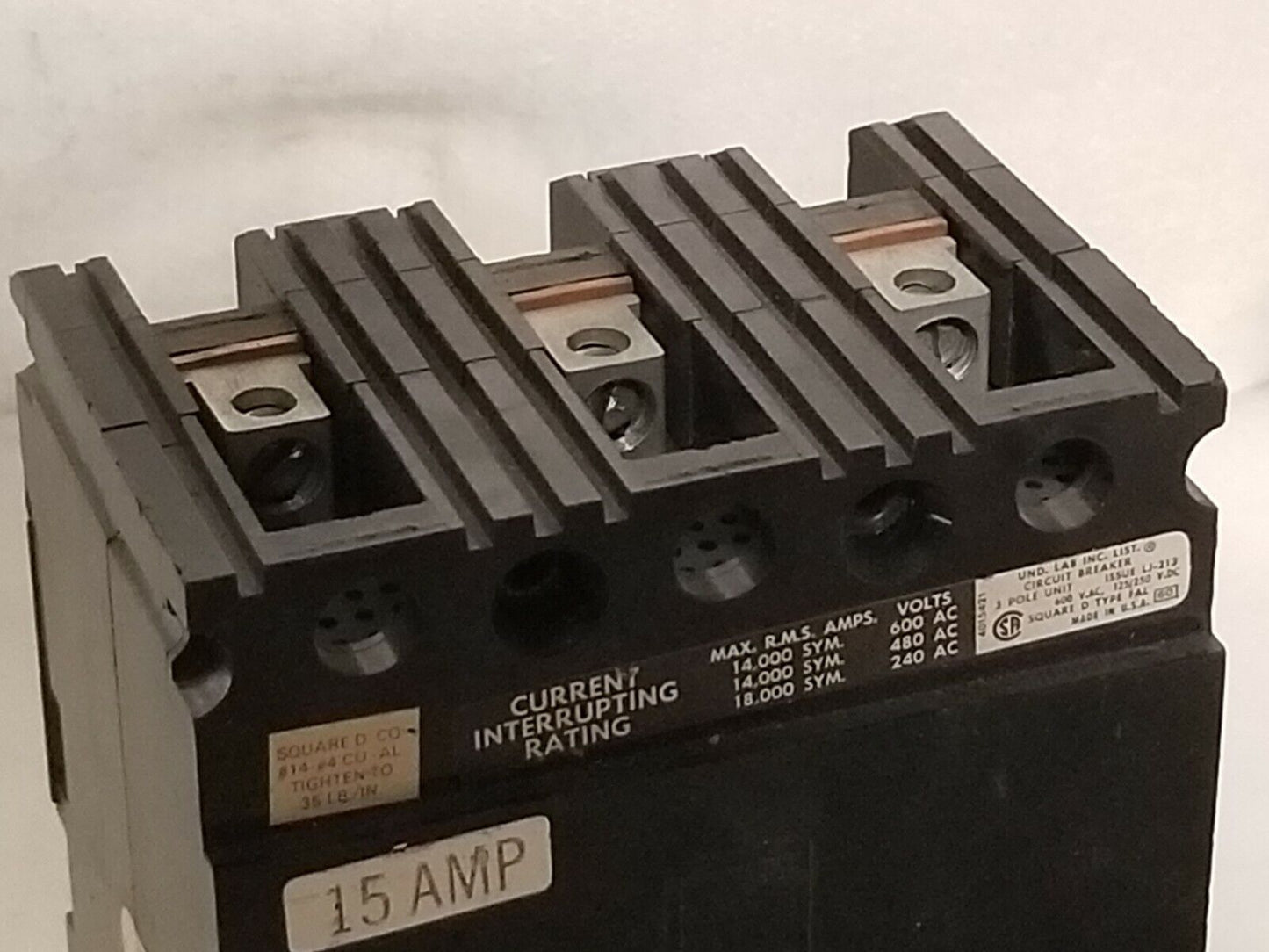 Square D FAL36015 circuit breaker, 15 amps, 3 poles, 600VAC, 125/250VDC