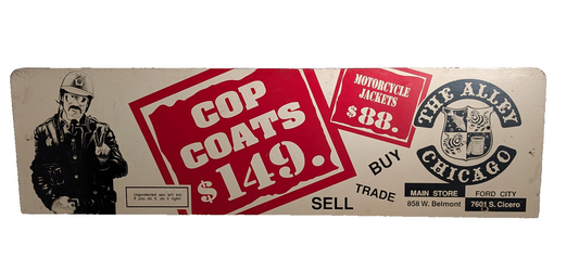 Vintage The Alley Chicago Memorabilia Bus Stop Bench Sign Cop Moto Punk Goth Ad