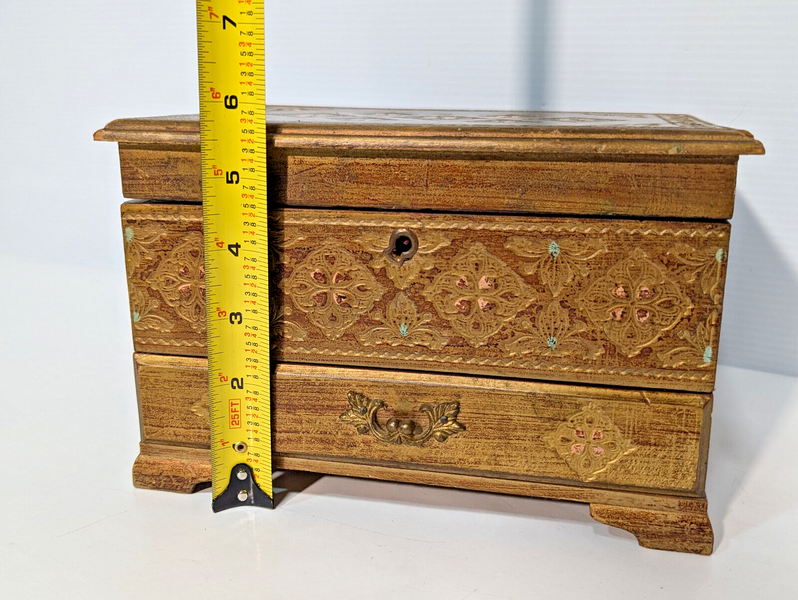 Vintage 1960s Gold Florentine Royal Sealy Wooden Drawer Chest Mirror Jewelry Box