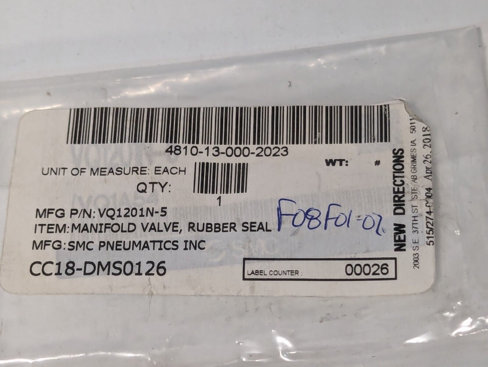 SMC VQ1201N-5 Solenoid Valve, 5 Port, 24vdc, VQ1201N5 - Free Shipping