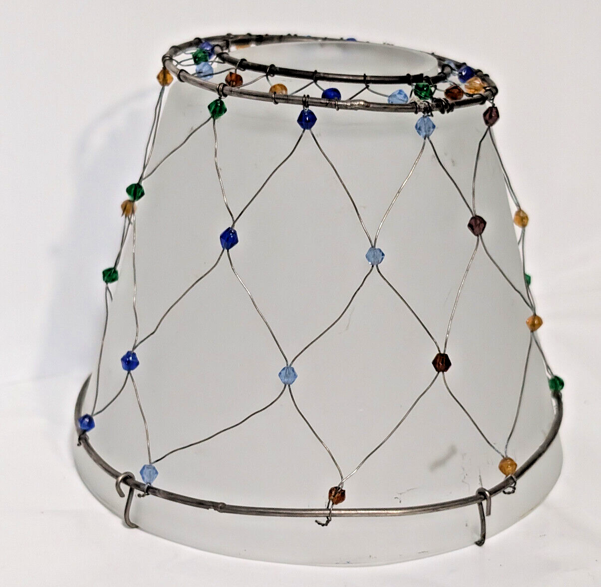 Vintage smoked glass, beaded, silver wire, lamp shade for accent lamp, 4.5"x5.5"