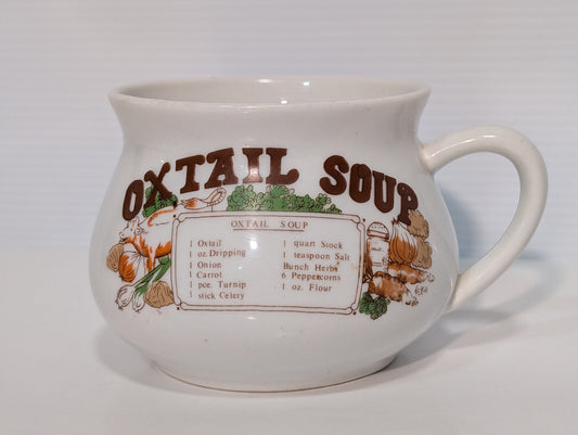 Vintage 1970s Oxtail Soup Bowl Recipe Ingredients Handled Ceramic Stonewear Mug