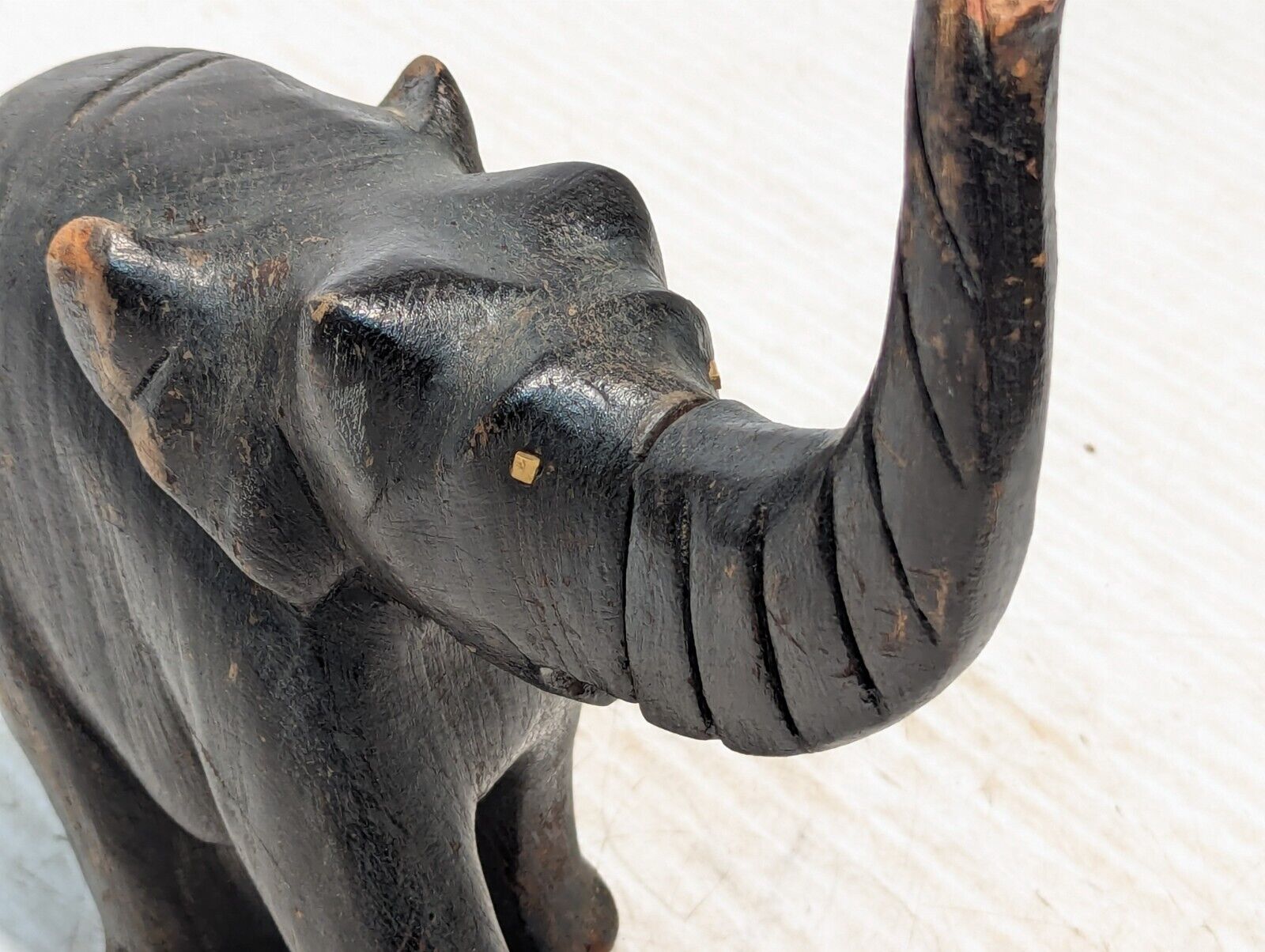 Vintage Hand Carved Black Wooden Elephant Figurine, Unique Design -Free Shipping