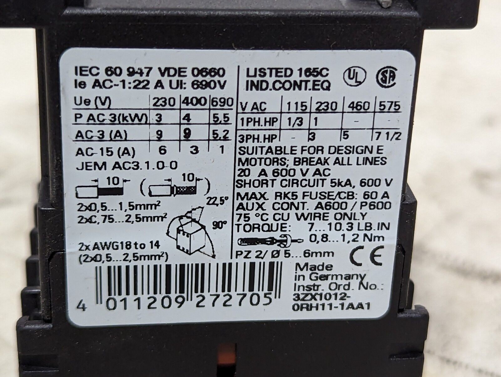 Siemens 3RT1016-1BB41 Control Contactor Relay - 24VDC