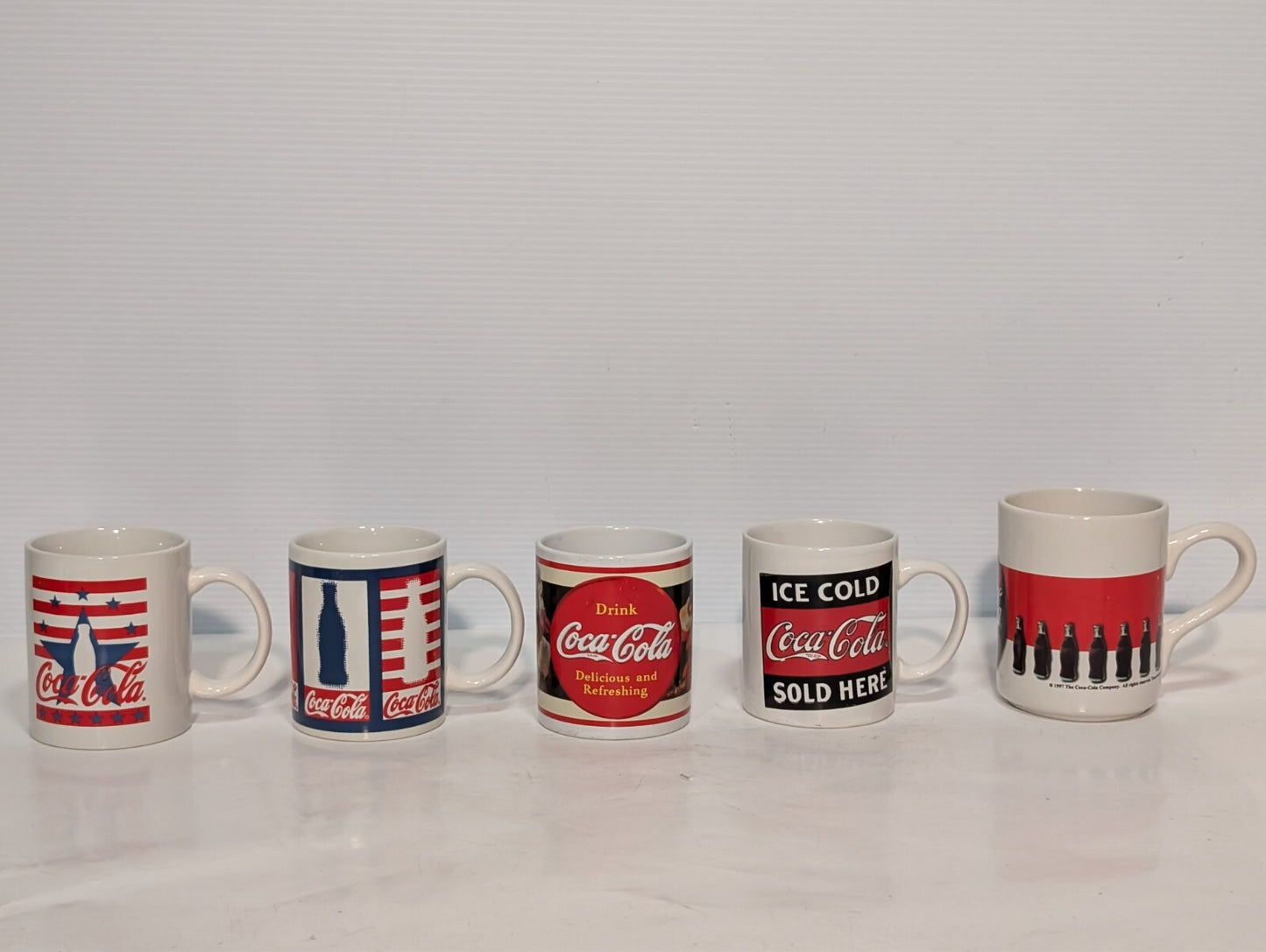 (5) Vintage Coca Cola Collectible Drinking Mugs Coke Ceramic Handles Red Blue