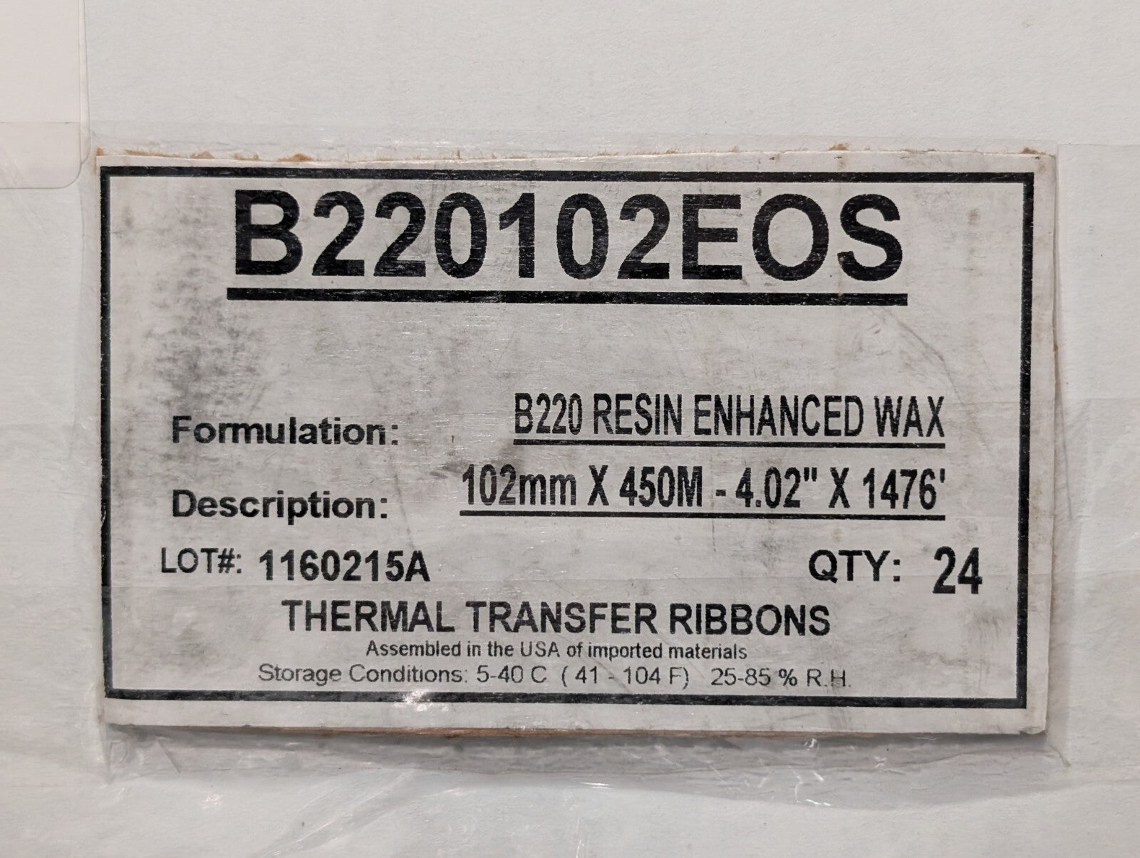 (24 Rolls) ITW B220102EOS Resin Enhanced Wax Ribbon for Zebra Printers