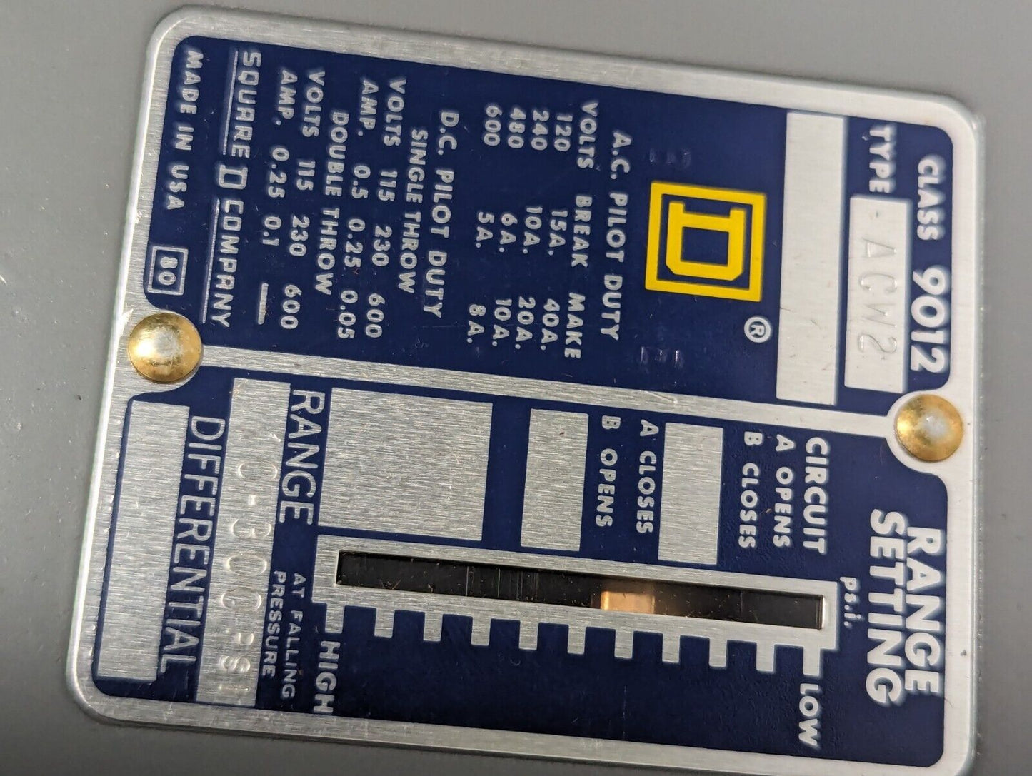 Square D 9012-AC12 Pressure Switch - Free Shipping