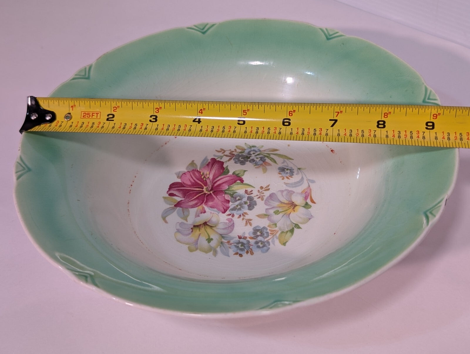 Vintage Porcelain Green + White with Floral Bouquet Serving Bowl 9 1/2" Diameter