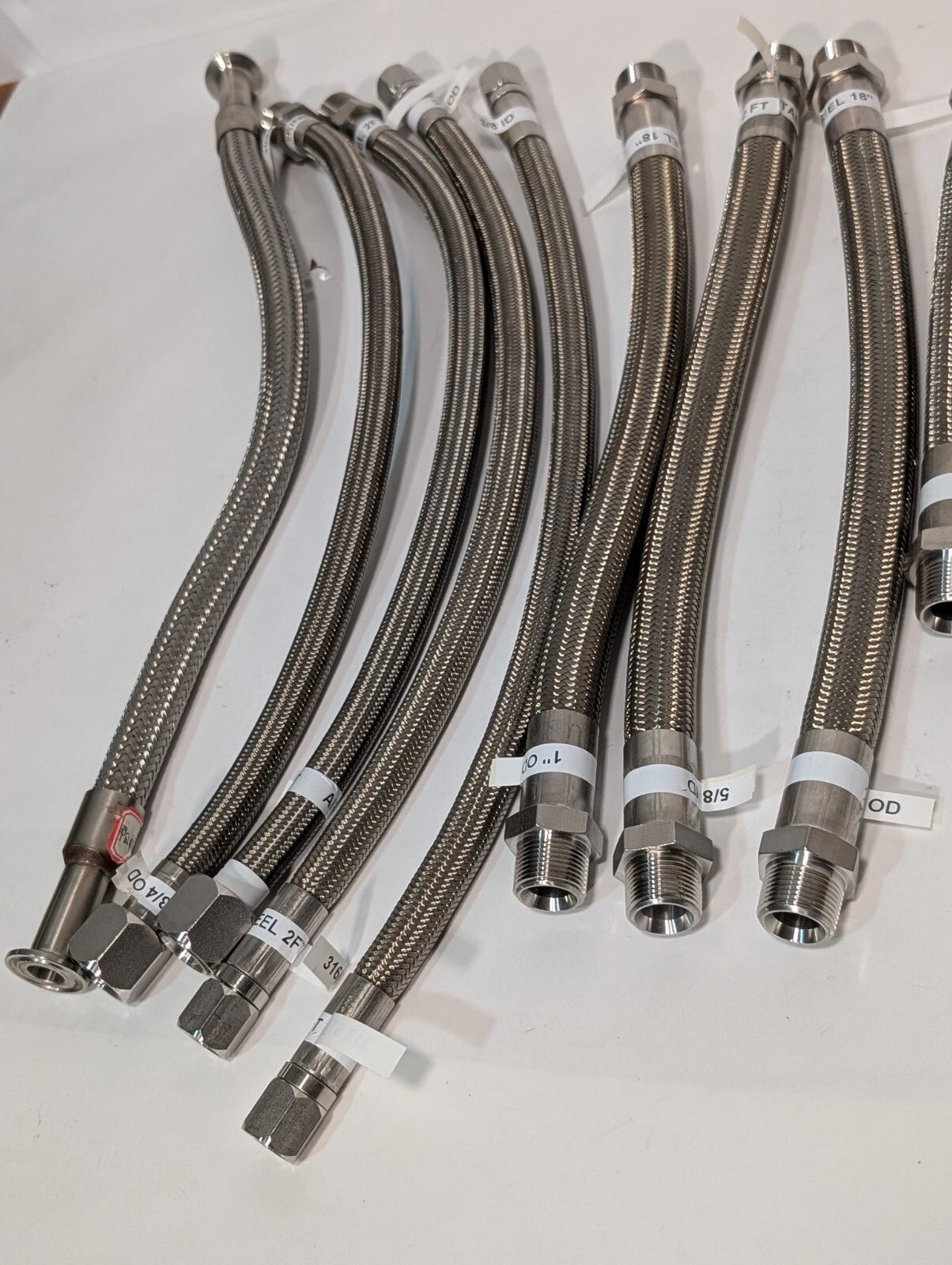 (15) Braided 316 Stainless Steel Flex Hoses, Assorted Lengths Sizes Ports