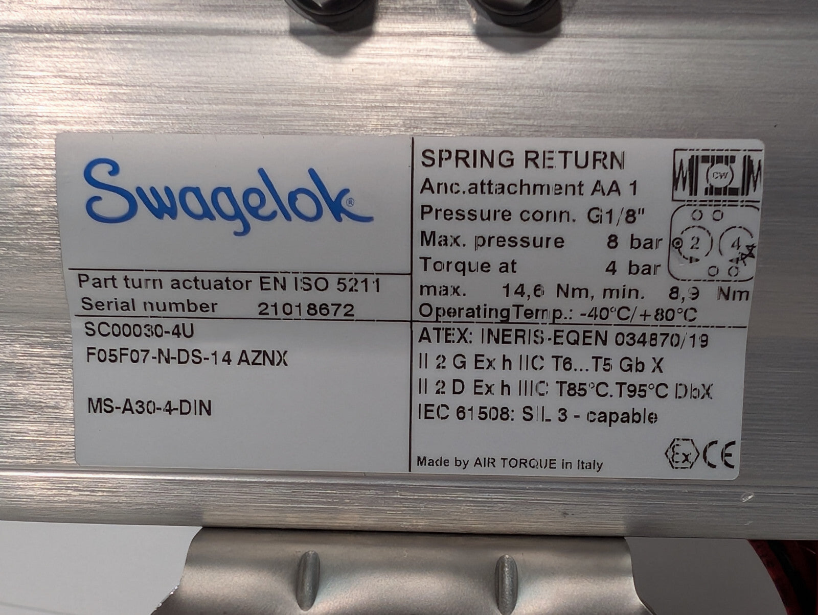 Swaglok MS-A30-4-DIN Spring Return Assy SS-AFSS8 Control Valve ASCO WT8551A001MS