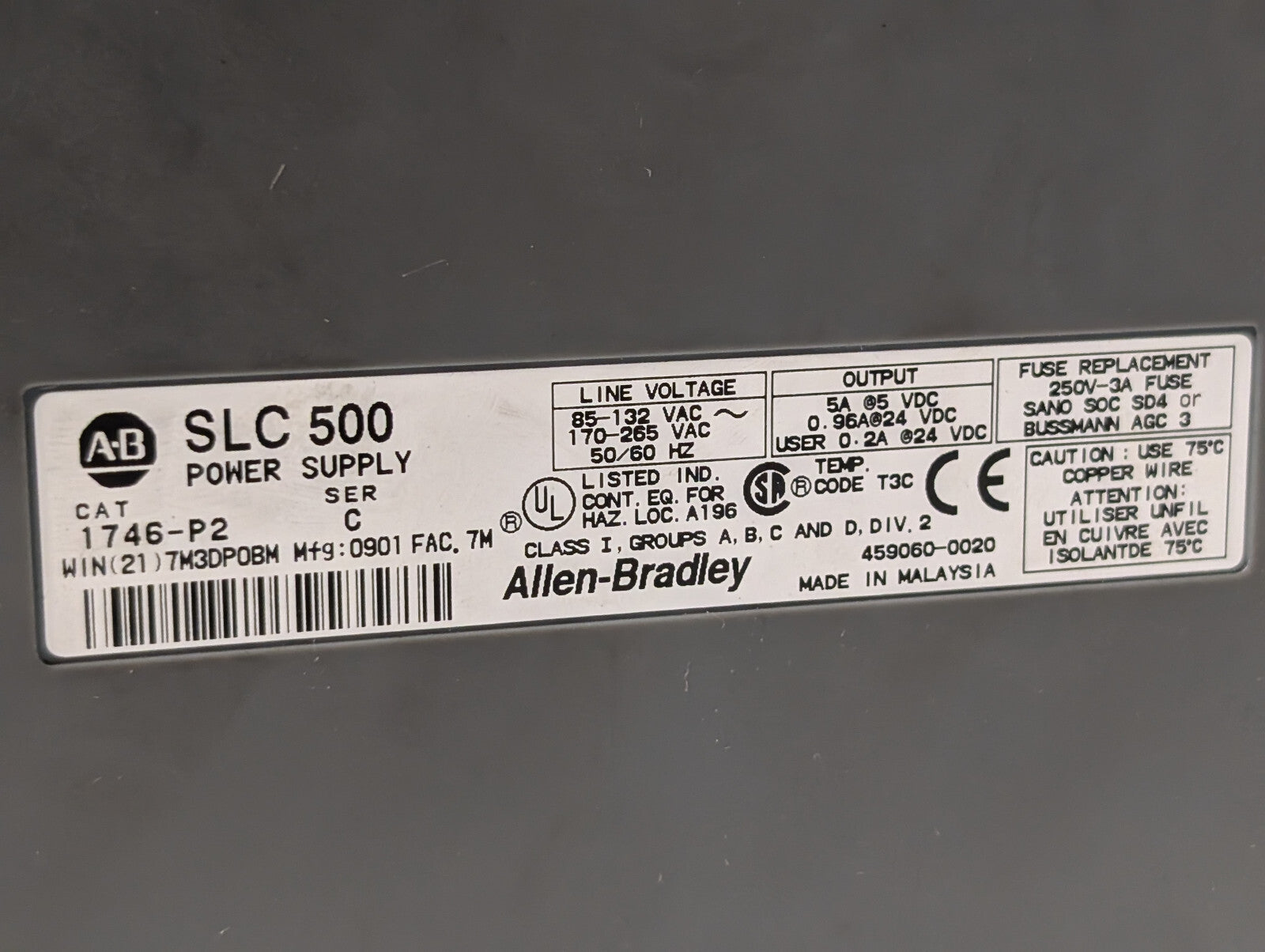 Allen Bradley 1746-A13 Chassis Rack, SLC500, 13-Slot; 1746-P2 SER C Power Supply