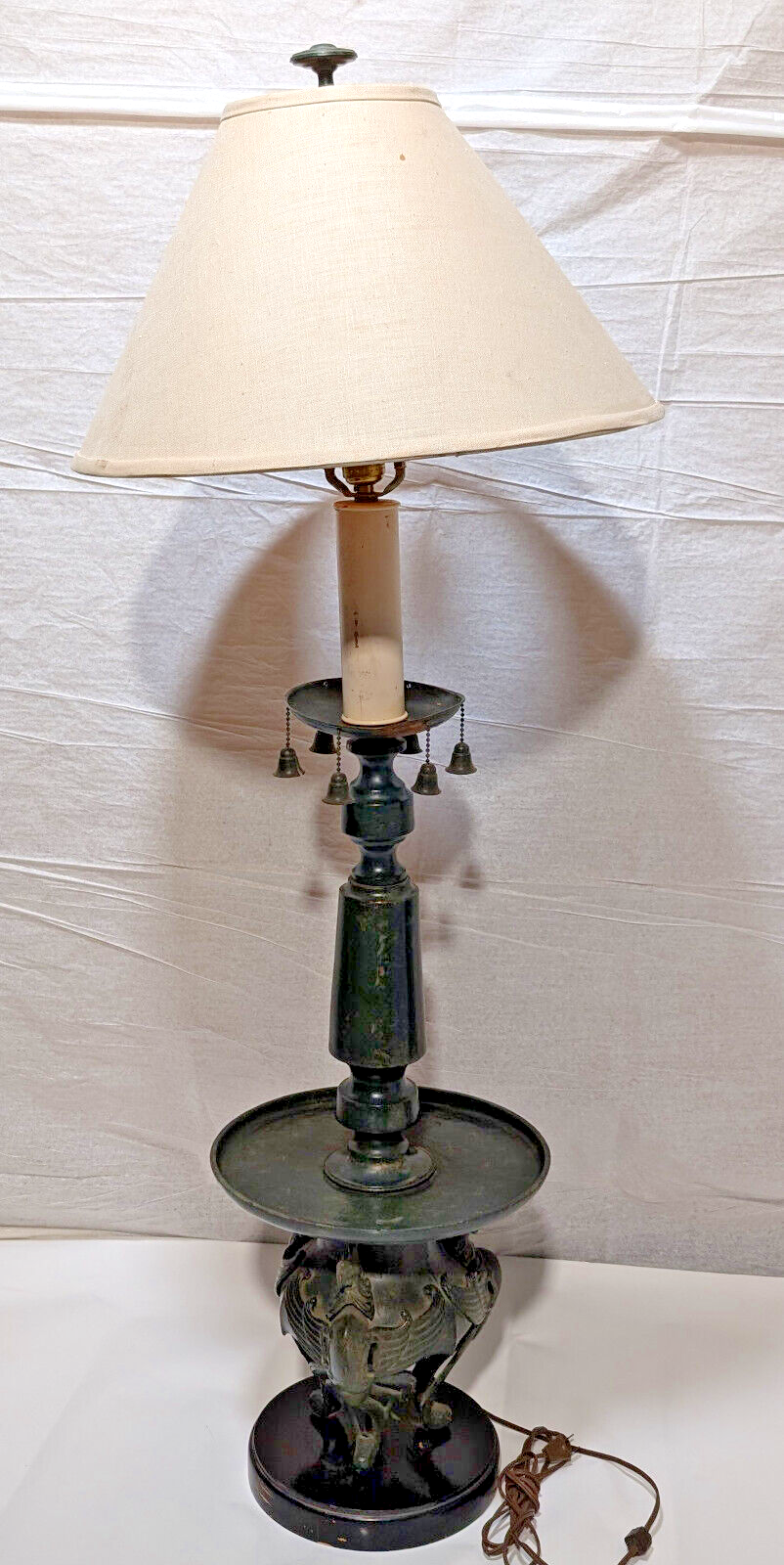 Vintage Japanese Floor Lamp Phoenix, Rooster, Hōō, Bells, 47" H, Bronze, Shelves