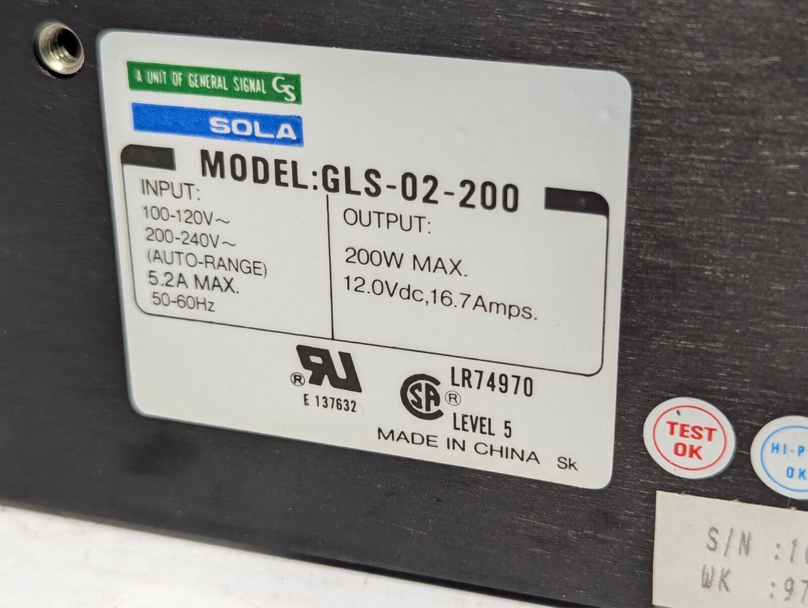 SOLA GLS-02-200 power supply, 12VDC@16.7A out, 100-120/200-240VAC input