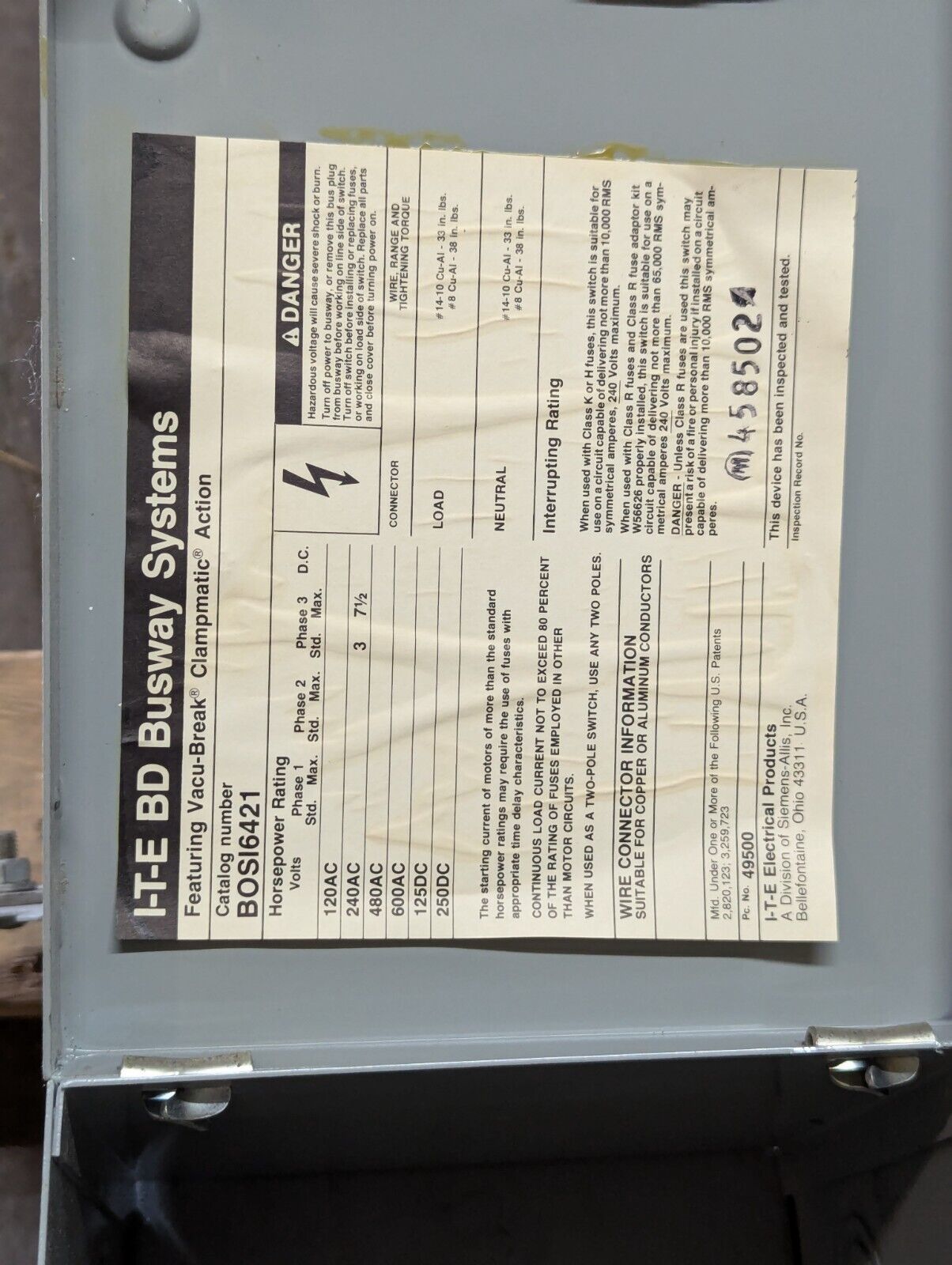 I-T-E BOS-16421 BD Switch Plug, 30A, 240V, 3 phase, 3 HP std. - Free Shipping