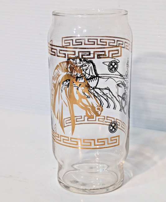 Vintage MCM Roman Greek Horse Chariot Gold Metallic Drinking Glass, Tumbler