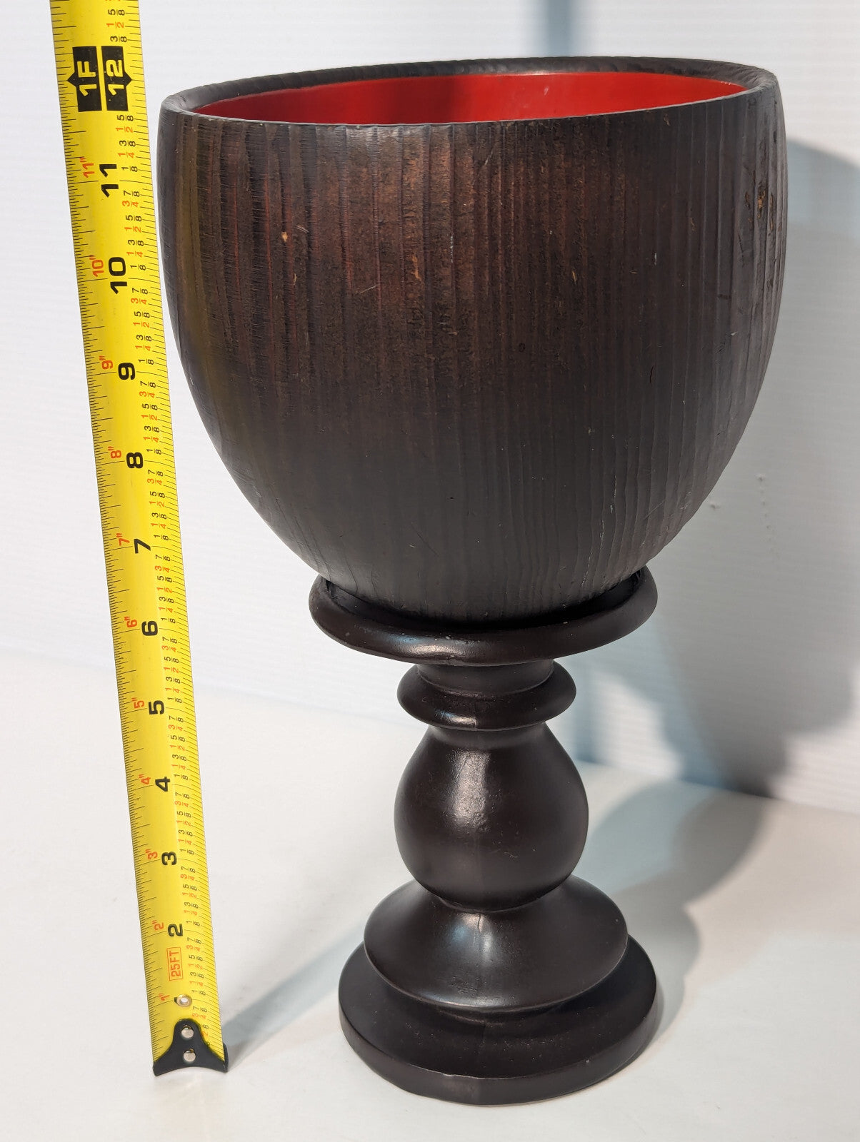 Unique Vintage Mid-Century Wooden Chalice Bowl Wood Stand Pedestal, Red Interior