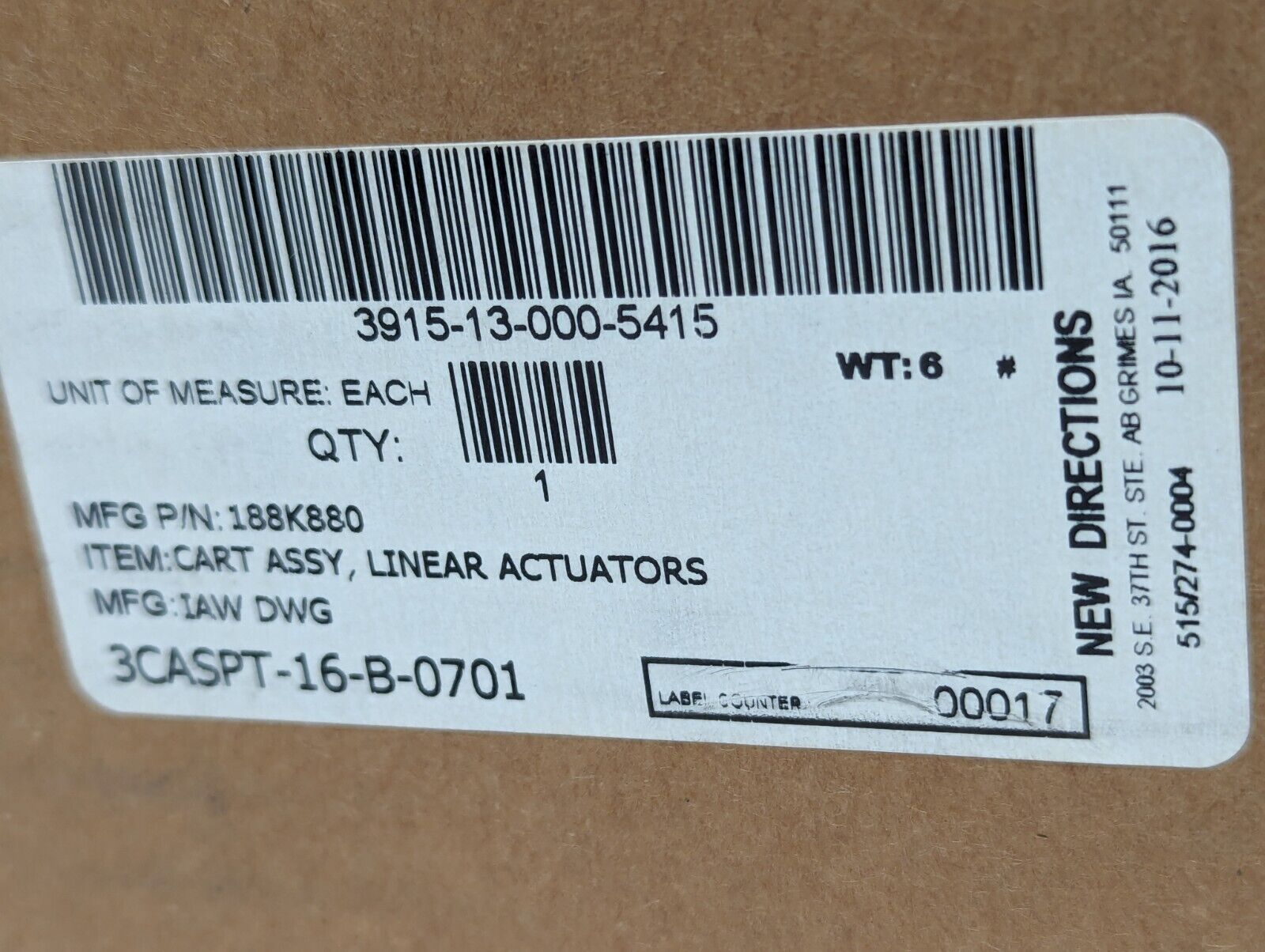 IAW DWG 3915-13-000-5415 Cart Assy, Linear Actuator - Free Shipping