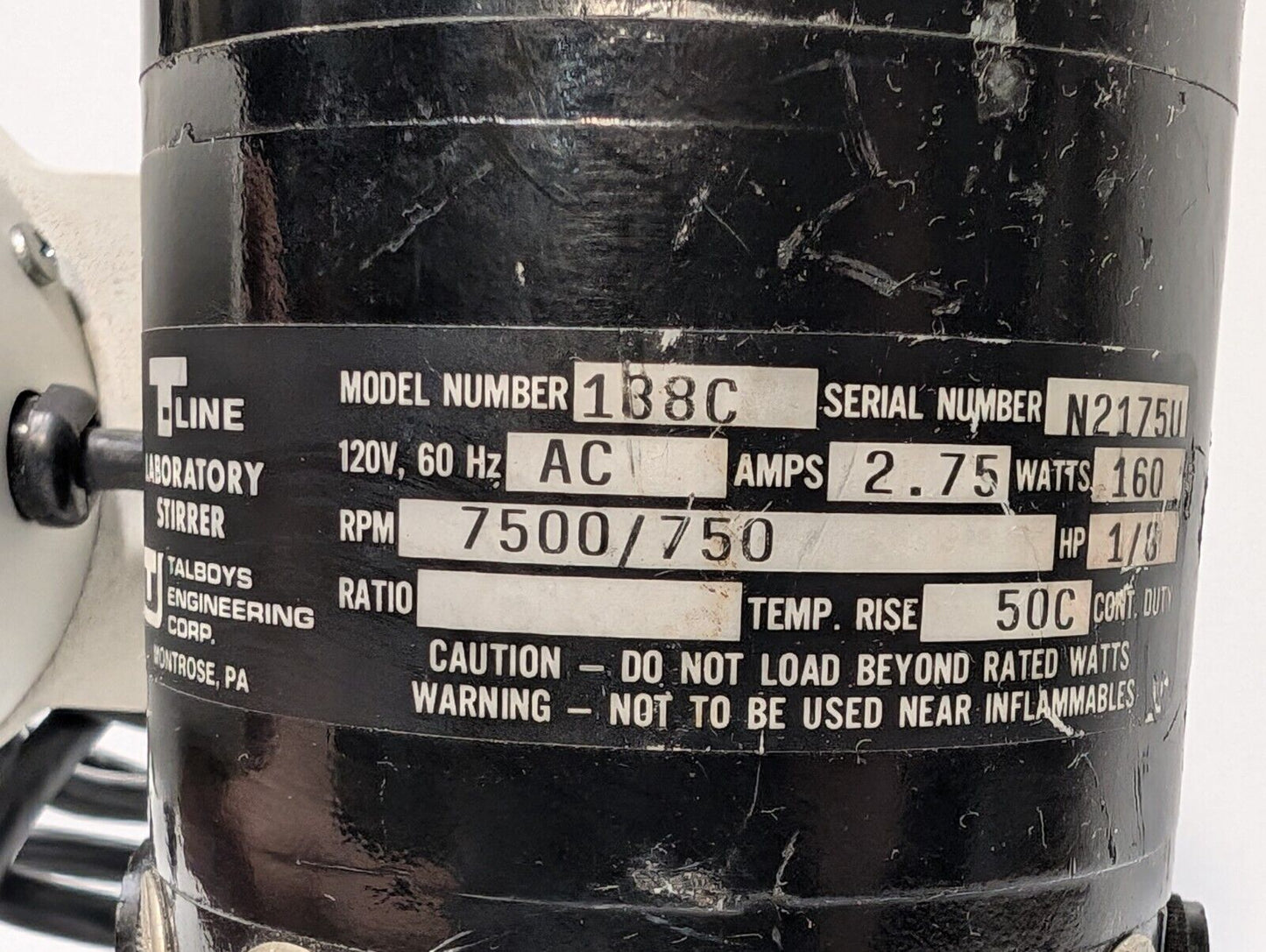 Talboys T-Line Model 138C Laboratory Stirrer, 120vac, 7500/750rpm, 2.75A, 1/8hp