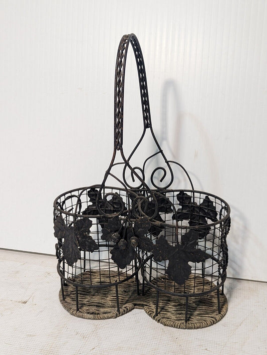 Vintage Metal Wire And Wicker 2 Bottle Wine Holder with Handle - Free Shipping