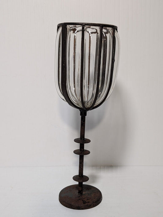 Vintage Cast Iron Candle Holder Blown  Glass Cup, 12" Tall, 4" Diameter