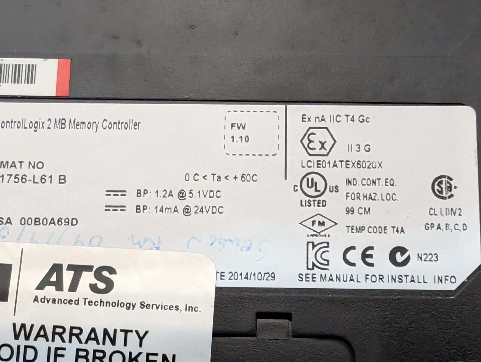 Allen Bradley 1756-L61 ControlLogix 5561 Processor Module w\ 2MB Memory, Ser B