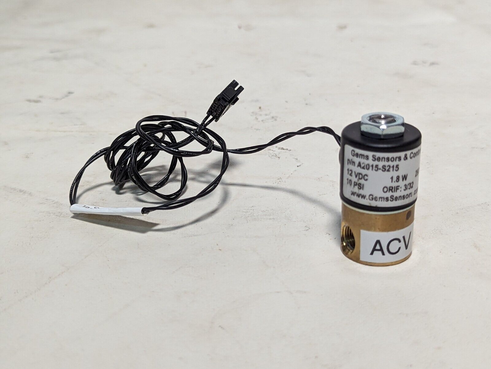 Gems Sensors A2015-S215 solenoid valve, 12VDC, 10PSI, 3/32 in orifice