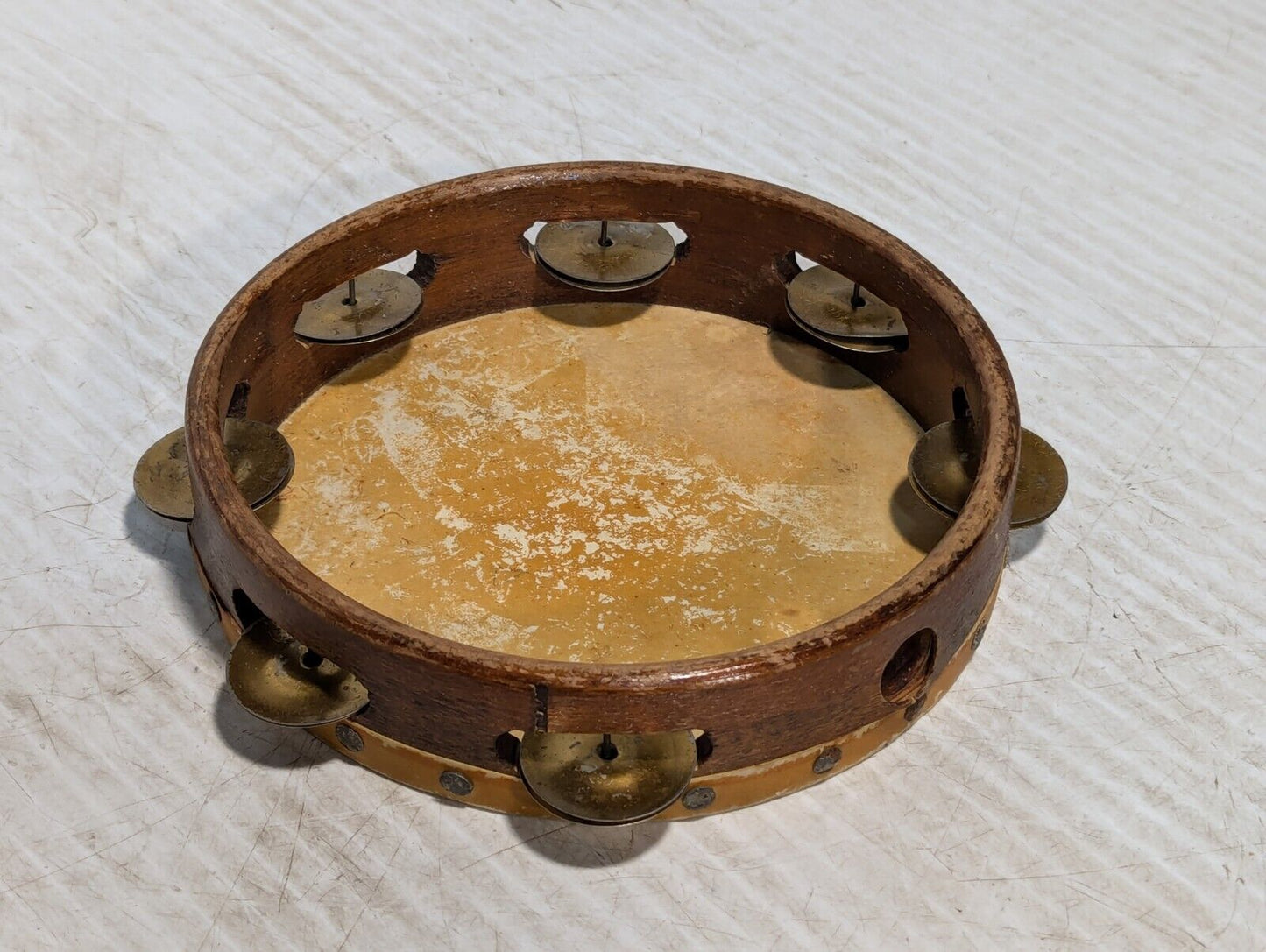 Vintage Wooden Tamborine, Row Dual Alloy Jingles, Rustic Drum - Free Shipping