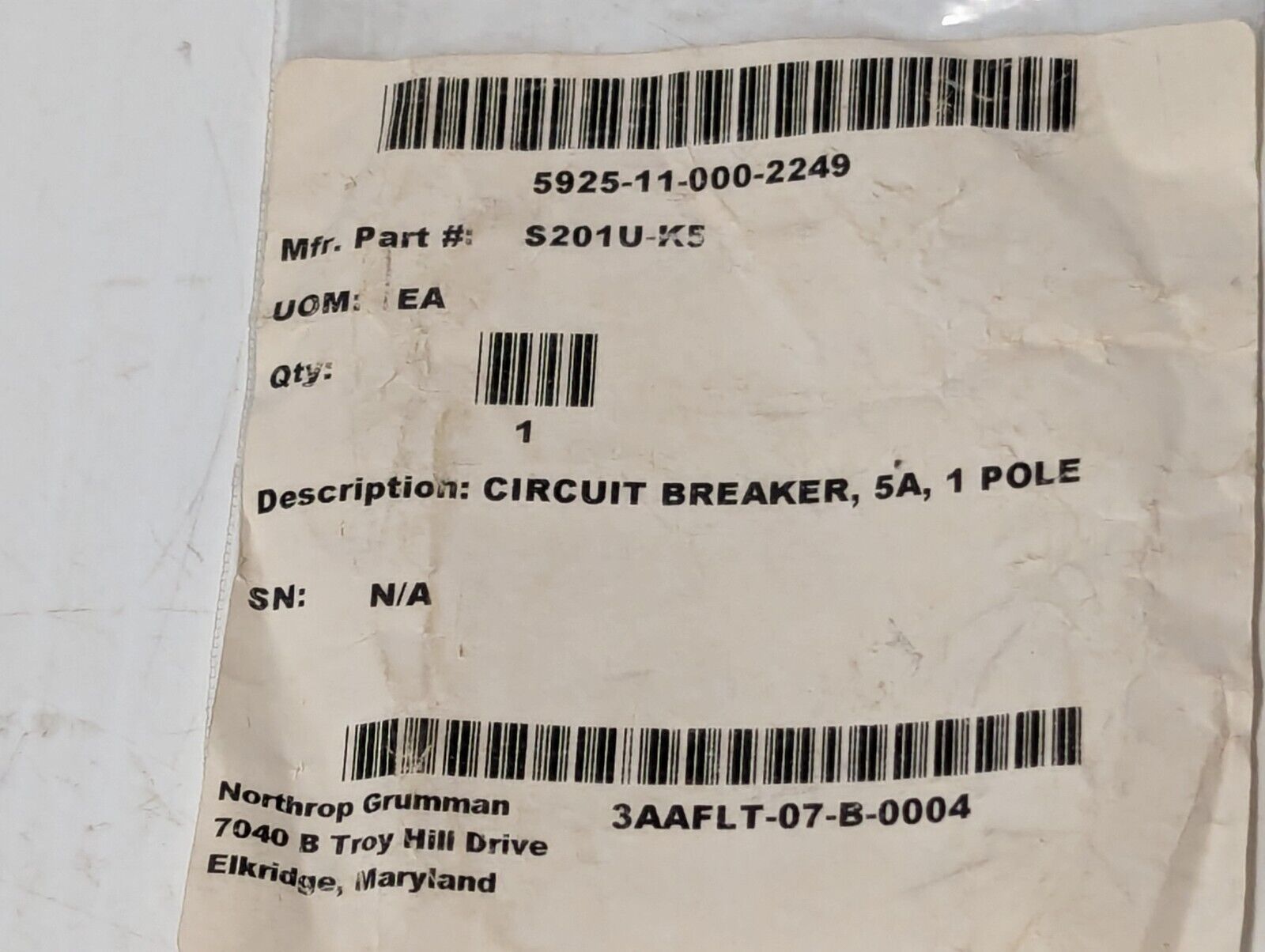ABB S201UK5A Circuit Breaker, 5A, 240VAC, 50/60Hz, 1 Pole Unit - Free Shipping