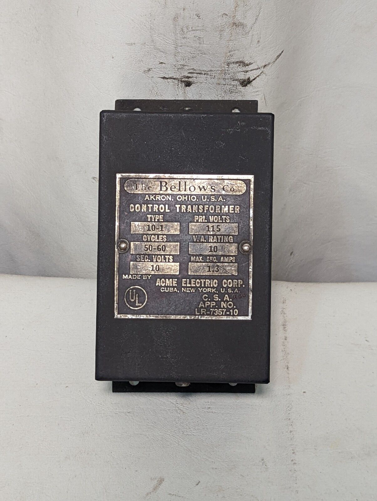 Bellows 10-1 Control Transformer, 115V primary, 10V secondary, by Acme Electric