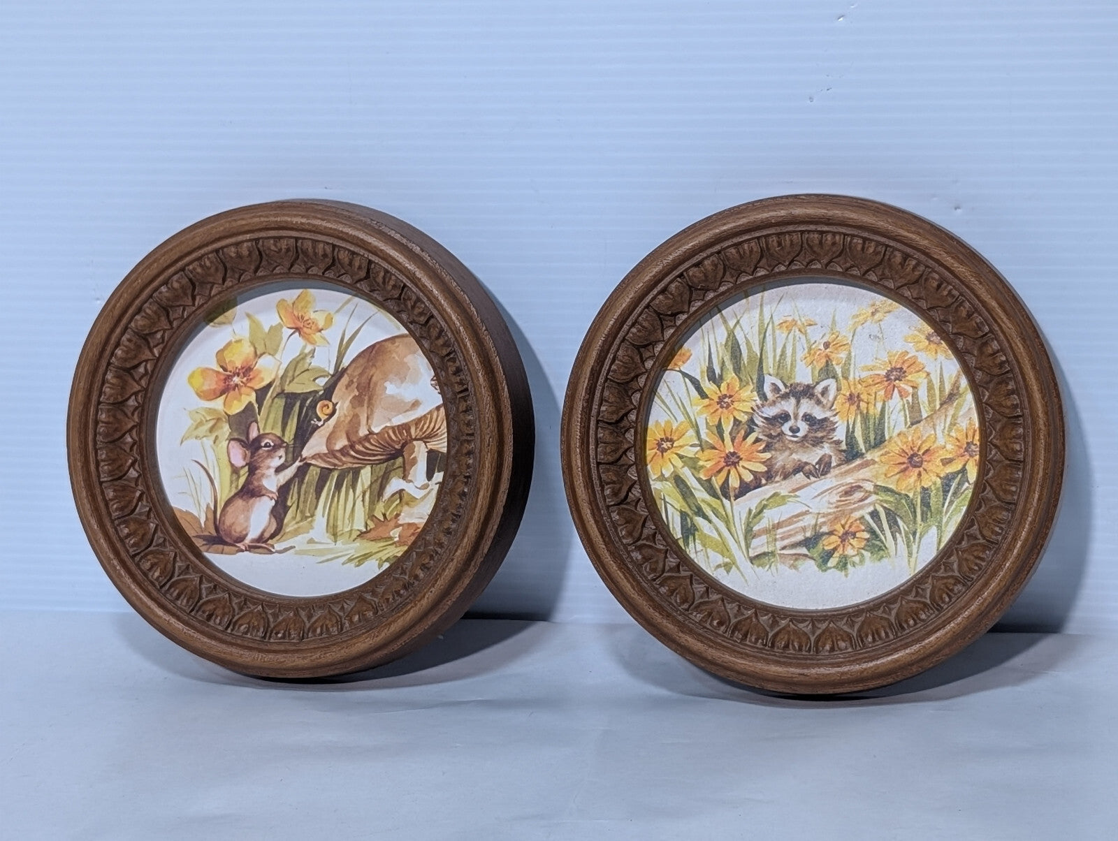 70s Vintage Round 7" Framed Art, Mushroom, Mouse, Raccoon, Woodland, Wildflowers