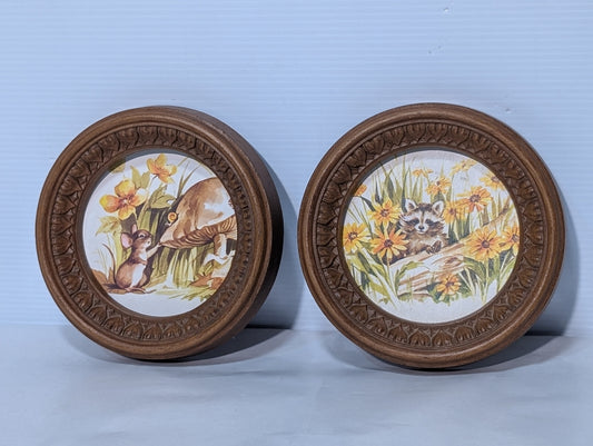 70s Vintage Round 7" Framed Art, Mushroom, Mouse, Raccoon, Woodland, Wildflowers
