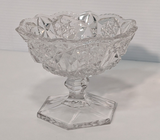 Vintage Clear Glass Crystal Candy Dish Snowflake Pattern Hexagon Pedestal Base
