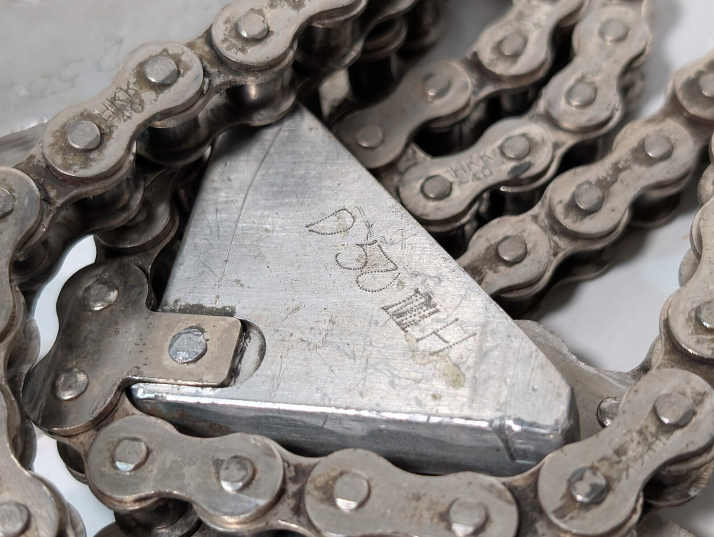 (2) 20' HKK #40 Roller Chain with Triangular Attachments for Conveyor 1/2" Pitch