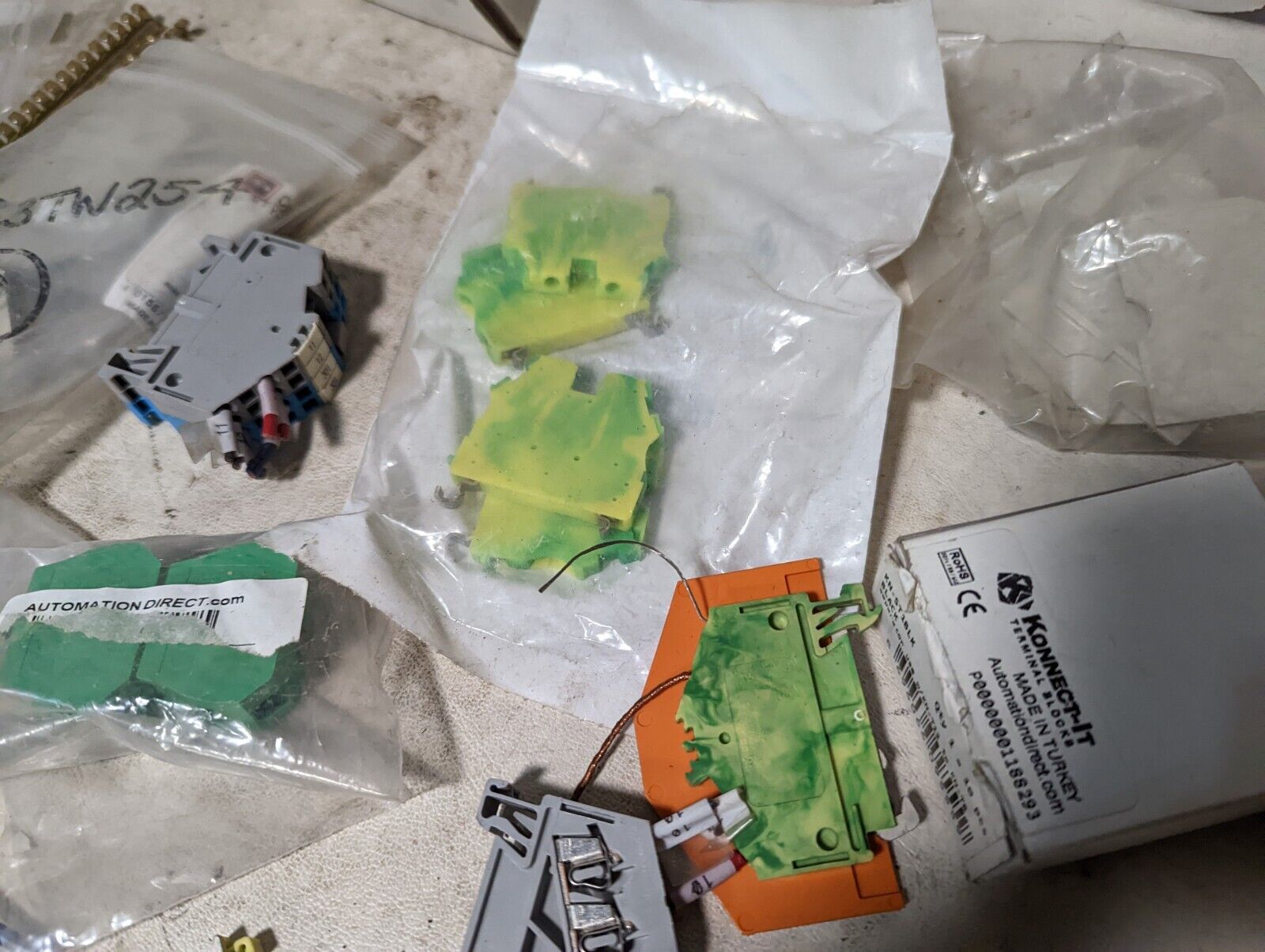 Lot of assorted terminal blocks, DIN support brackets