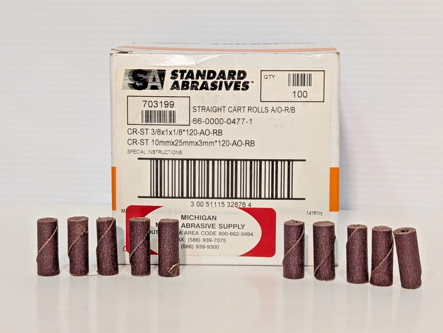 Standard Abrasives 703199 Straight Cart Rolls 3/8x1x1/8 120 AO-RB Grit, 100 Ct