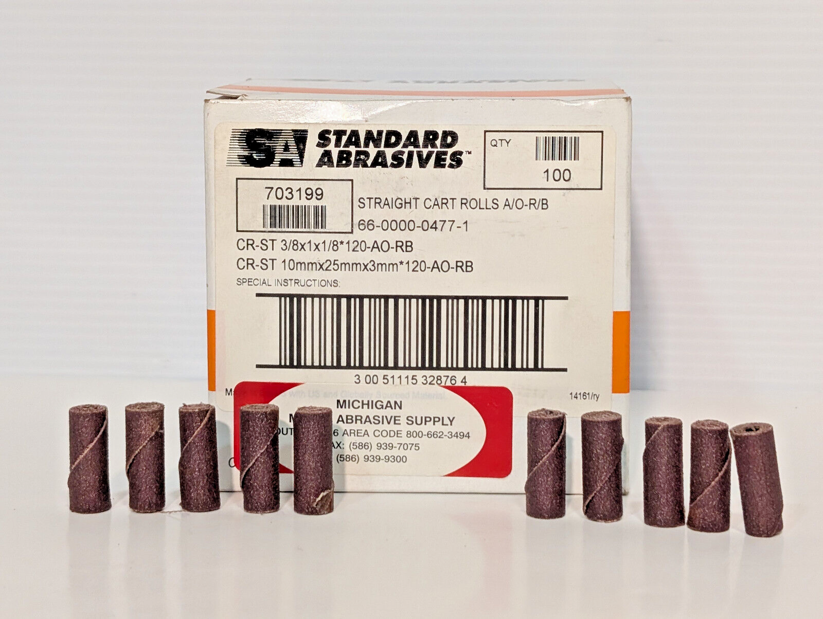 Standard Abrasives 703199 Straight Cart Rolls 3/8x1x1/8 120 AO-RB Grit, 100 Ct