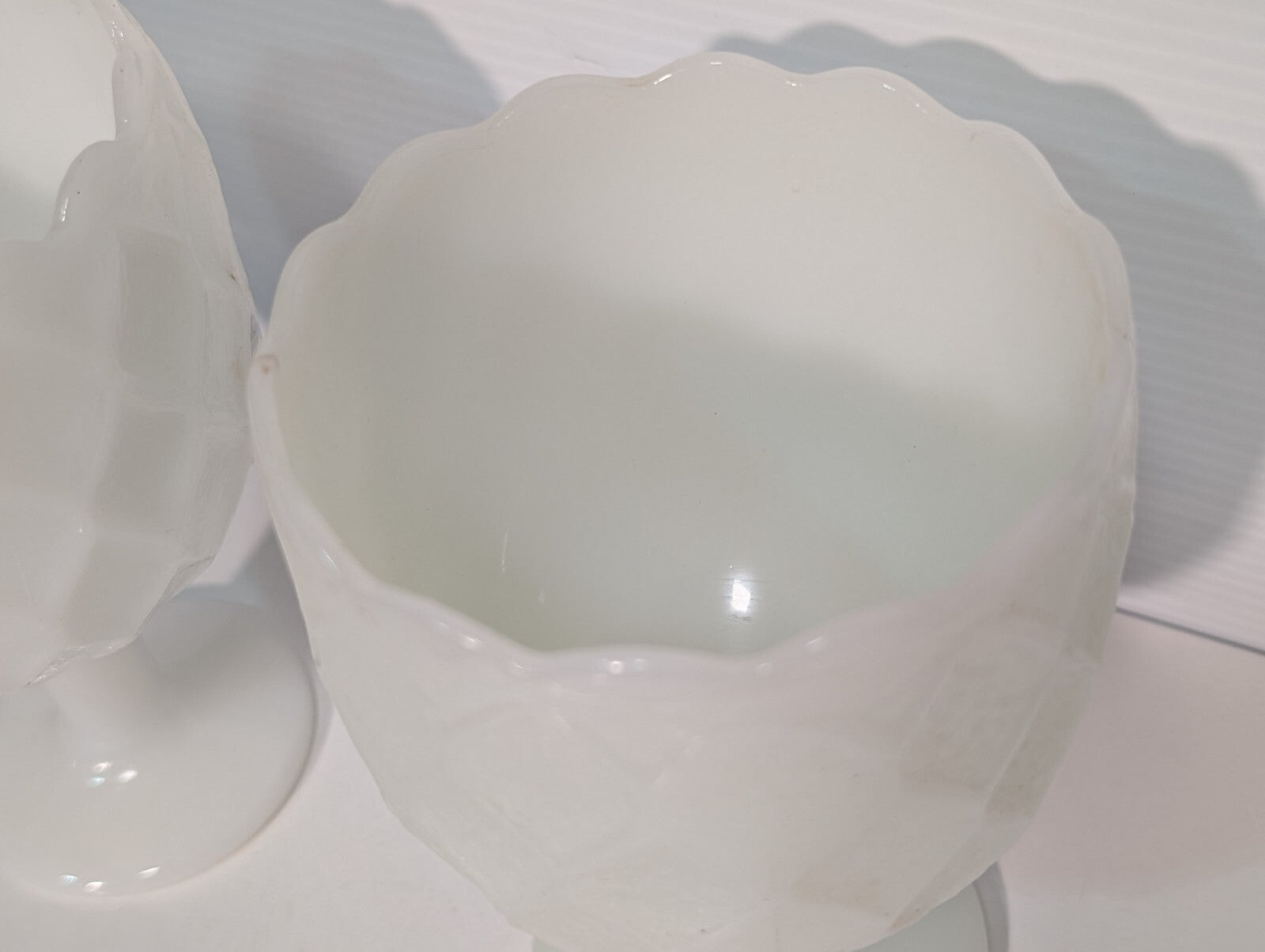 Two Vintage EO Brody + Indiana Glass Milk White Glass Goblets Harlequin Pattern